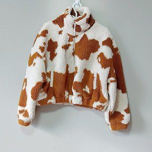 Urban Outfitters Cow Print Teddy Zip Up Jacket Small Cozy Warm Lined Pockets